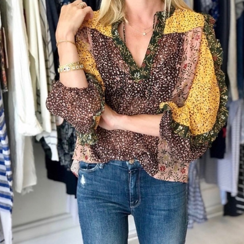 Ulla Johnson Norma‎ Floral Patchwork Ruffle Blouse Size 2 Multicolor Boho